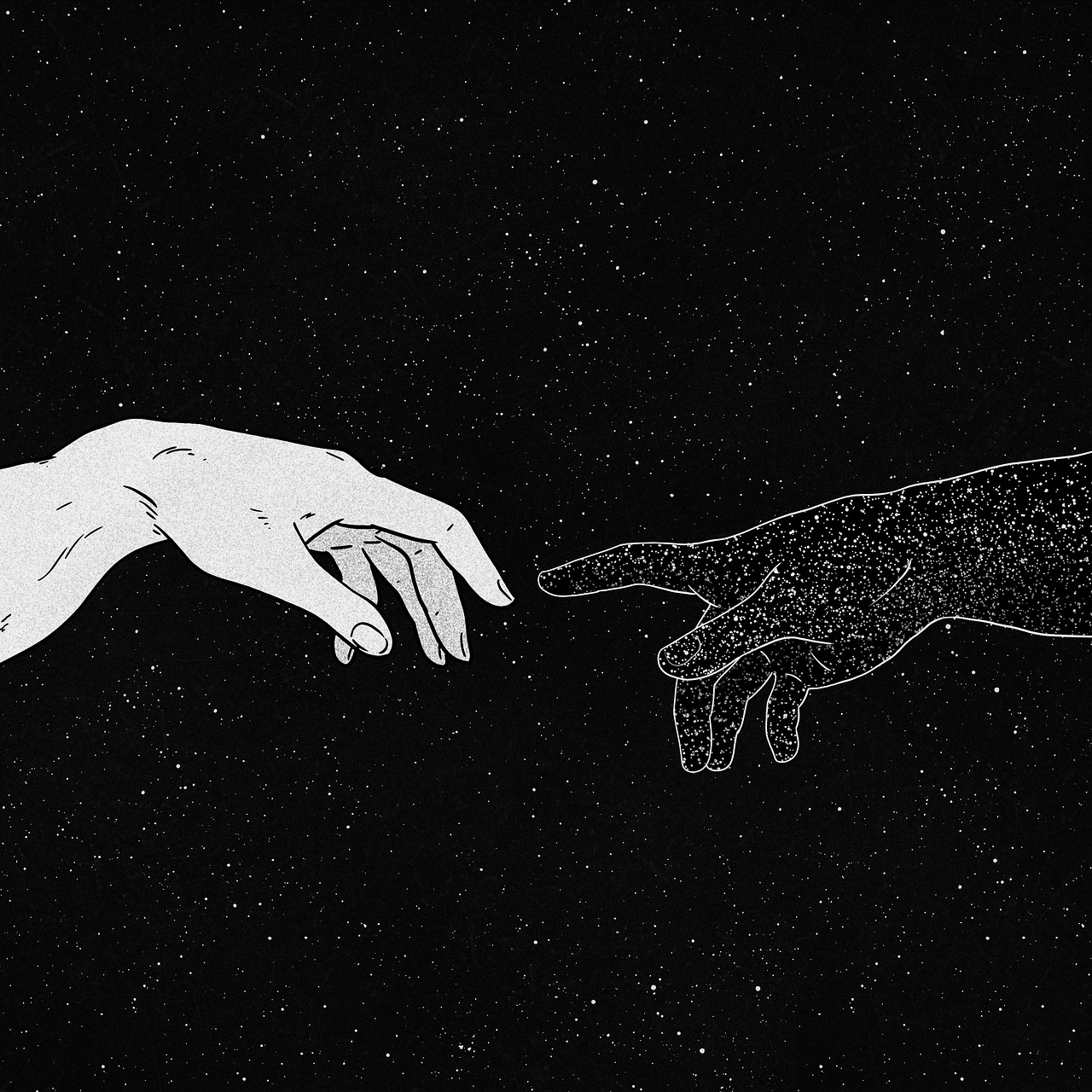 touch, hands, universe, space, stars, starry, galaxy, soul, night, dark, surreal, cartoon, painting, fantasy, creativity, art, drawing, touch, touch, soul, soul, soul, soul, soul